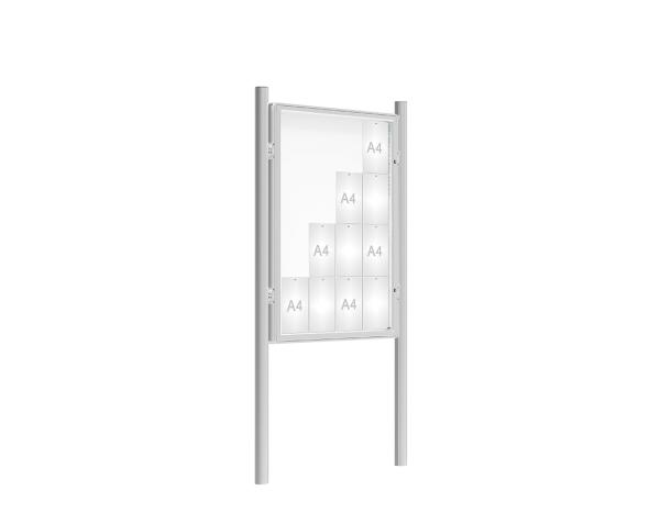 Schaukasten 2000 mit Pfosten Ø 76 mm Farbe:Silber eloxiert|Abmessungen:16 A4 - B 1000 x H 1350 mm - Flügeltür|Pfosten:Pfosten-Set zum Einbetonieren - Ohne Titelleiste