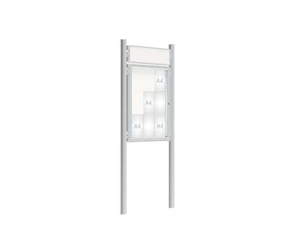 Schaukasten 2000 mit Pfosten Ø 76 mm Farbe:Silber eloxiert|Abmessungen:9 A4 - B 750 x H 1000 mm - Flügeltür|Pfosten:Pfosten-Set zum Einbetonieren - Mit Titelleiste