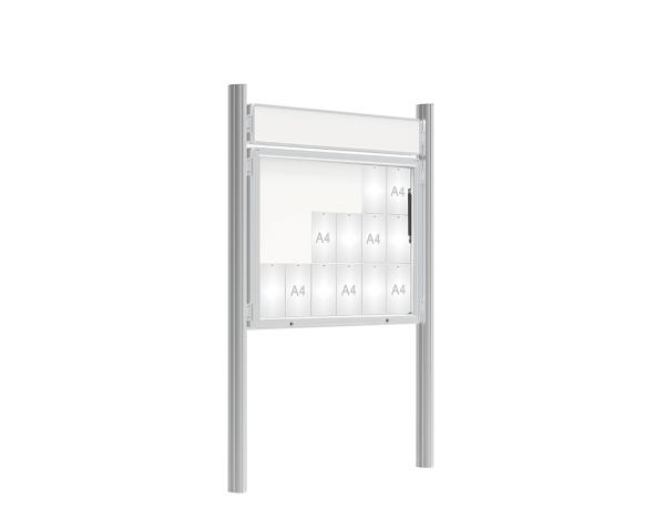 Schaukasten 2000 mit Quatro-Pfosten Farbe:Silber eloxiert|Abmessungen:18 A4 - B 1350 x H 1000 mm - Klapptür|Pfosten:Mittelpfosten zum Einbetonieren - Mit Titelleiste