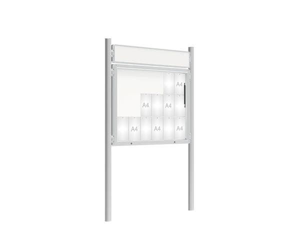 Schaukasten 2000 mit Pfosten Ø 76 mm Farbe:Silber eloxiert|Abmessungen:18 A4 - B 1350 x H 1000 mm - Klapptür|Pfosten:Pfosten-Set zum Einbetonieren - Mit Titelleiste