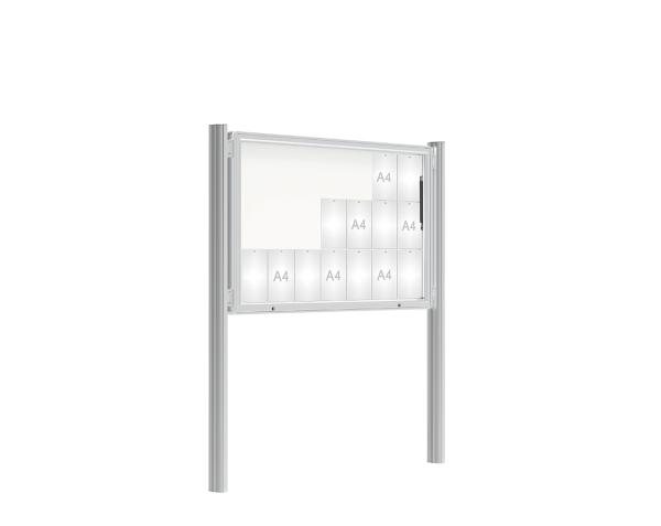 Schaukasten 2000 mit Quatro-Pfosten Farbe:Silber eloxiert|Abmessungen:21 A4 - B 1600 x H 1000 mm - Klapptür|Pfosten:Mittelpfosten zum Einbetonieren - Ohne Titelleiste