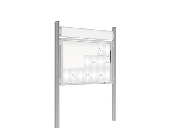 Schaukasten 2000 mit Quatro-Pfosten Farbe:Silber eloxiert|Abmessungen:21 A4 - B 1600 x H 1000 mm - Klapptür|Pfosten:Mittelpfosten zum Einbetonieren - Mit Titelleiste