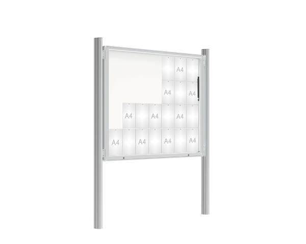 Schaukasten 2000 mit Quatro-Pfosten Farbe:Silber eloxiert|Abmessungen:28 A4 - B 1710 x 1350 mm - Klapptür|Pfosten:Mittelpfosten zum Einbetonieren - Ohne Titelleiste