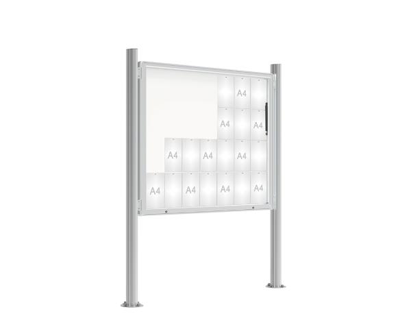 Schaukasten 2000 mit Quatro-Pfosten Farbe:Silber eloxiert|Abmessungen:28 A4 - B 1710 x 1350 mm - Klapptür|Pfosten:Pfosten-Set zum Einbetonieren - Mit Titelleiste