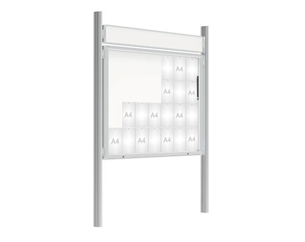 Schaukasten 2000 mit Quatro-Pfosten Farbe:Silber eloxiert|Abmessungen:28 A4 - B 1710 x 1350 mm - Klapptür|Pfosten:Mittelpfosten zum Einbetonieren - Mit Titelleiste