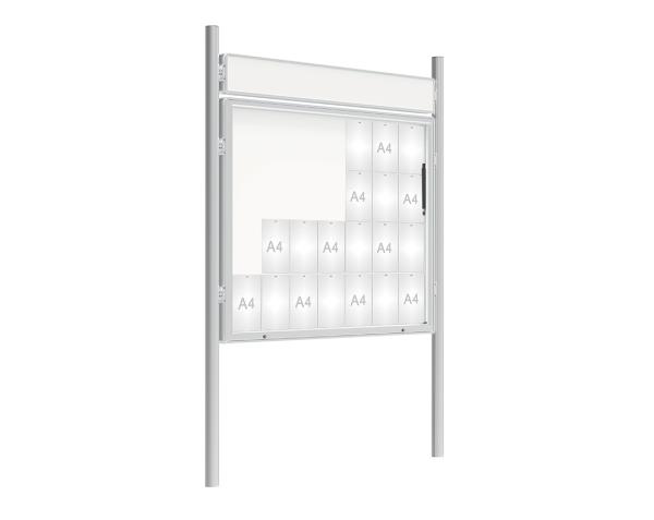 Schaukasten 2000 mit Pfosten Ø 76 mm Farbe:Silber eloxiert|Abmessungen:28 A4 - B 1710 x 1350 mm - Klapptür|Pfosten:Pfosten-Set zum Einbetonieren - Mit Titelleiste