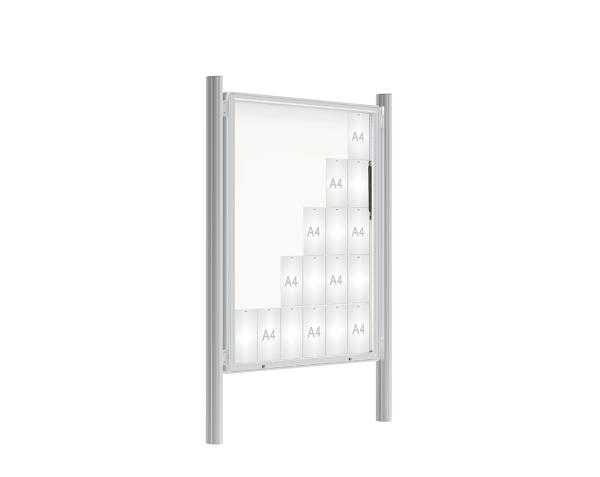 Schaukasten 2000 mit Quatro-Pfosten Farbe:Silber eloxiert|Abmessungen:30 A4 - B 1350 x 1710 mm - Klapptür|Pfosten:Mittelpfosten zum Einbetonieren - Ohne Titelleiste