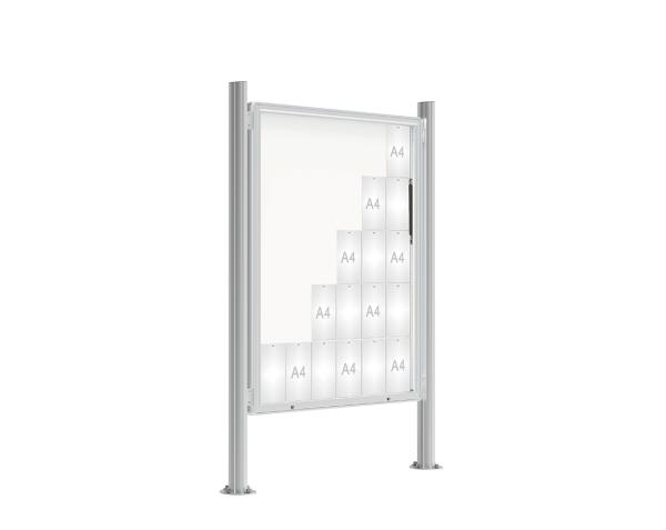 Schaukasten 2000 mit Quatro-Pfosten Farbe:Silber eloxiert|Abmessungen:30 A4 - B 1350 x 1710 mm - Klapptür|Pfosten:Pfosten-Set auf Bodenplatten - Ohne Titelleiste