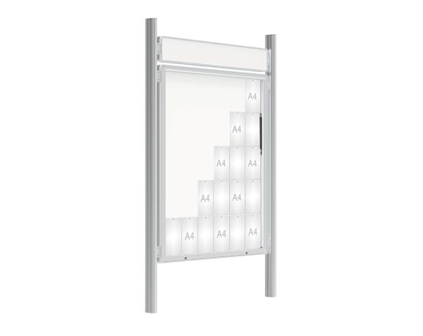 Schaukasten 2000 mit Quatro-Pfosten Farbe:Silber eloxiert|Abmessungen:30 A4 - B 1350 x 1710 mm - Klapptür|Pfosten:Pfosten-Set zum Einbetonieren - Mit Titelleiste