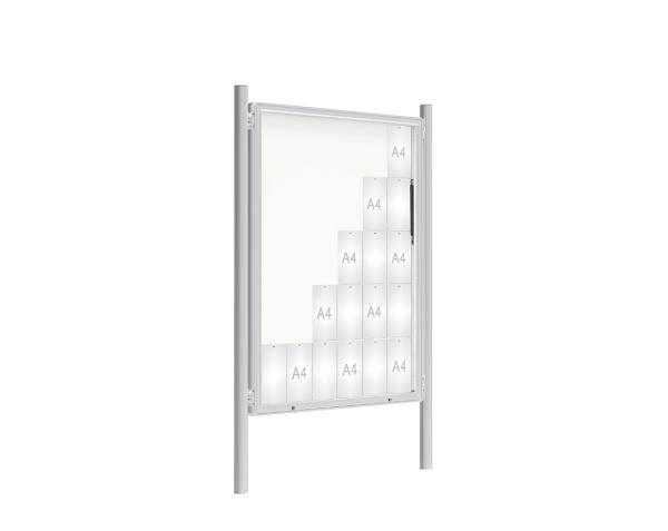 Schaukasten 2000 mit Pfosten Ø 76 mm Farbe:Silber eloxiert|Abmessungen:30 A4 - B 1350 x 1710 mm - Klapptür|Pfosten:Pfosten-Set zum Einbetonieren - Ohne Titelleiste