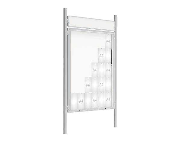 Schaukasten 2000 mit Pfosten Ø 76 mm Farbe:Silber eloxiert|Abmessungen:30 A4 - B 1350 x 1710 mm - Klapptür|Pfosten:Pfosten-Set zum Einbetonieren - Mit Titelleiste
