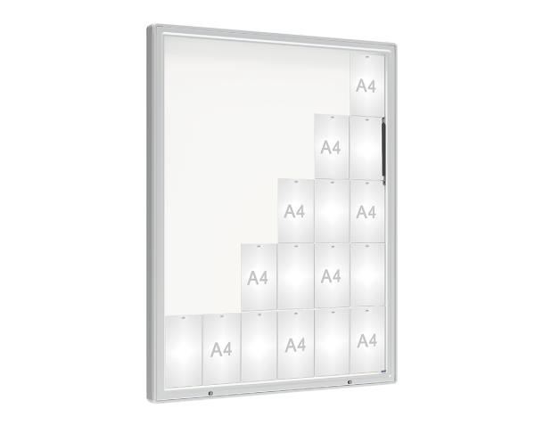 Schaukasten 2000 Farbe:Silber eloxiert|Verglasung:Plexichocs|Abmessungen:30 A4 - B 1350 x H 1710 mm