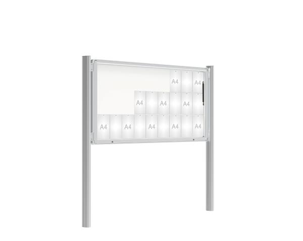 Schaukasten 2000 mit Quatro-Pfosten Farbe:Silber eloxiert|Abmessungen:27 A4 - B 2010 x H 1000 mm - Klapptür|Pfosten:Pfosten-Set zum Einbetonieren - Ohne Titelleiste