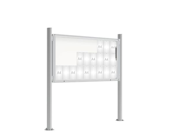 Schaukasten 2000 mit Quatro-Pfosten Farbe:Silber eloxiert|Abmessungen:27 A4 - B 2010 x H 1000 mm - Klapptür|Pfosten:Pfosten-Set auf Bodenplatten - Ohne Titelleiste