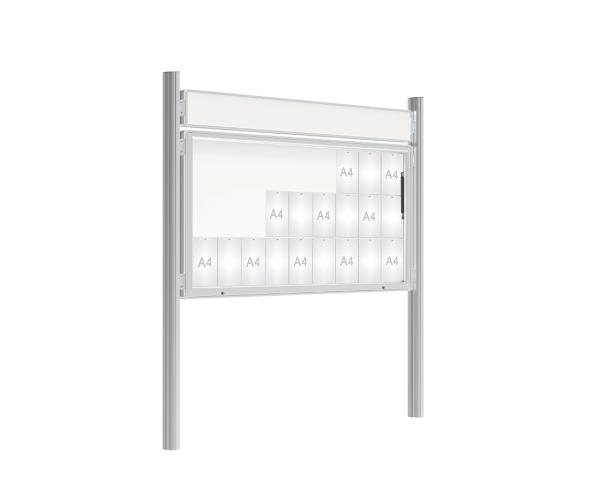 Schaukasten 2000 mit Quatro-Pfosten Farbe:Silber eloxiert|Abmessungen:27 A4 - B 2010 x H 1000 mm - Klapptür|Pfosten:Mittelpfosten zum Einbetonieren - Mit Titelleiste