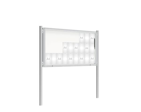 Schaukasten 2000 mit Pfosten Ø 76 mm Farbe:Silber eloxiert|Abmessungen:27 A4 - B 2010 x H 1000 mm - Klapptür|Pfosten:Pfosten-Set zum Einbetonieren - Ohne Titelleiste