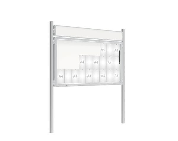 Schaukasten 2000 mit Pfosten Ø 76 mm Farbe:Silber eloxiert|Abmessungen:27 A4 - B 2010 x H 1000 mm - Klapptür|Pfosten:Pfosten-Set zum Einbetonieren - Mit Titelleiste