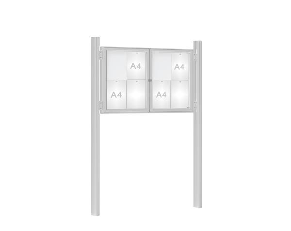 Schaukasten 1000 mit Quatro-Pfosten Farbe:Silber eloxiert|Abmessungen:8 A4 - B 1200 x H 750 mm - 2-flügelig|Pfosten:Pfosten-Set zum Einbetonieren - Ohne Titelleiste