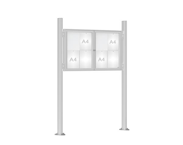 Schaukasten 1000 mit Quatro-Pfosten Farbe:Silber eloxiert|Abmessungen:8 A4 - B 1200 x H 750 mm - 2-flügelig|Pfosten:Pfosten-Set auf Bodenplatten - Ohne Titelleiste