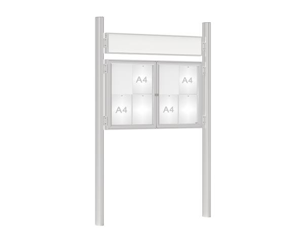 Schaukasten 1000 mit Quatro-Pfosten Farbe:Silber eloxiert|Abmessungen:8 A4 - B 1200 x H 750 mm - 2-flügelig|Pfosten:Mittelpfosten zum Einbetonieren - Mit Titelleiste