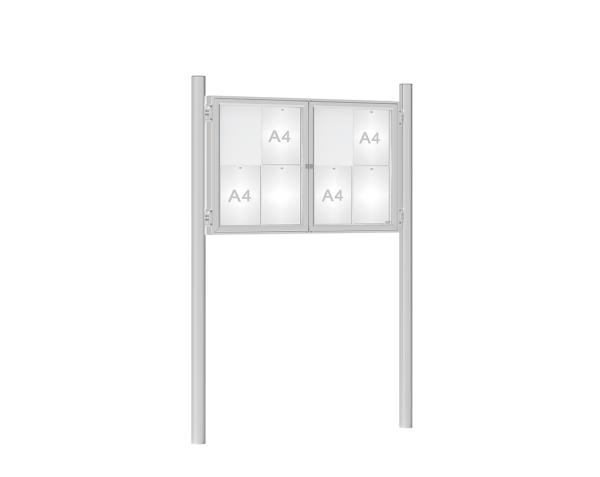 Schaukasten 1000 mit Pfosten Ø 76 mm Farbe:Silber eloxiert|Abmessungen:8 A4 - B 1200 x H 750 mm - 2-flügelig|Pfosten:Pfosten-Set zum Einbetonieren - Ohne Titelleiste