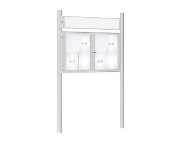 Schaukasten 1000 mit Pfosten Ø 76 mm Farbe:Silber eloxiert|Abmessungen:8 A4 - B 1200 x H 750 mm - 2-flügelig|Pfosten:Pfosten-Set zum Einbetonieren - Mit Titelleiste