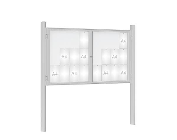 Schaukasten 1000 mit Quatro-Pfosten Farbe:Silber eloxiert|Abmessungen:24 A4 - B 1800 x H 1050 mm - 2-flügelig|Pfosten:Pfosten-Set zum Einbetonieren - Ohne Titelleiste