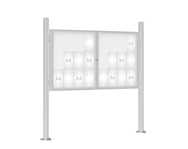 Schaukasten 1000 mit Quatro-Pfosten Farbe:Silber eloxiert|Abmessungen:24 A4 - B 1800 x H 1050 mm - 2-flügelig|Pfosten:Pfosten-Set auf Bodenplatten - Ohne Titelleiste