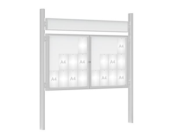 Schaukasten 1000 mit Quatro-Pfosten Farbe:Silber eloxiert|Abmessungen:24 A4 - B 1800 x H 1050 mm - 2-flügelig|Pfosten:Mittelpfosten zum Einbetonieren - Mit Titelleiste