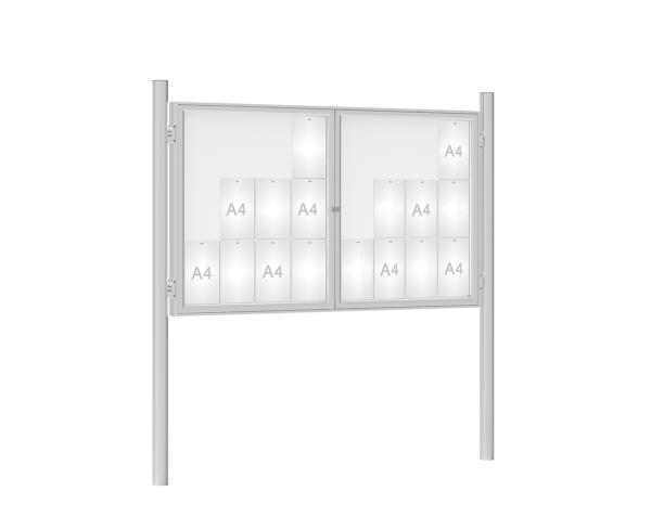Schaukasten 1000 mit Pfosten Ø 76 mm Farbe:Silber eloxiert|Abmessungen:24 A4 - B 1800 x H 1050 mm - 2-flügelig|Pfosten:Pfosten-Set zum Einbetonieren - Ohne Titelleiste