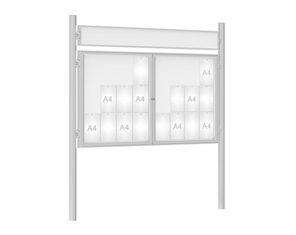 Schaukasten 1000 mit Pfosten Ø 76 mm Farbe:Silber eloxiert|Abmessungen:24 A4 - B 1800 x H 1050 mm - 2-flügelig|Pfosten:Pfosten-Set zum Einbetonieren - Mit Titelleiste