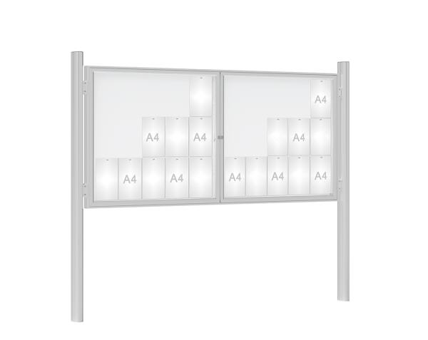Schaukasten 1000 mit Quatro-Pfosten Farbe:Silber eloxiert|Abmessungen:30 A4 - B 2250 x H 1050 mm - 2-flügelig|Pfosten:Pfosten-Set zum Einbetonieren - Ohne Titelleiste