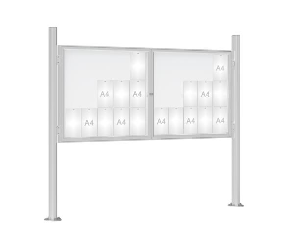 Schaukasten 1000 mit Quatro-Pfosten Farbe:Silber eloxiert|Abmessungen:30 A4 - B 2250 x H 1050 mm - 2-flügelig|Pfosten:Pfosten-Set auf Bodenplatten - Ohne Titelleiste