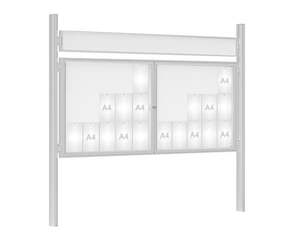 Schaukasten 1000 mit Quatro-Pfosten Farbe:Silber eloxiert|Abmessungen:30 A4 - B 2250 x H 1050 mm - 2-flügelig|Pfosten:Mittelpfosten zum Einbetonieren - Mit Titelleiste