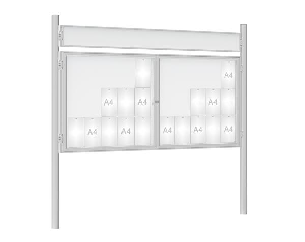 Schaukasten 1000 mit Pfosten Ø 76 mm Farbe:Silber eloxiert|Abmessungen:30 A4 - B 2250 x H 1050 mm - 2-flügelig|Pfosten:Pfosten-Set zum Einbetonieren - Mit Titelleiste