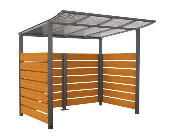 Fahrradüberdachung Modulo mit Kompaktholz-Verkleidungen Farbe:RAL 6005|Fertigstellung Holz:Kompaktholz - Tönung Mahagoni|Struktur:"All-in-one": Grundmodell mit Rückwand und Seitenverkleidungen|Weitere Merkmale:Auf Bodenplatten|Abmessungen:Tiefe 3400 mm