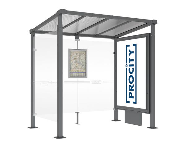 Wartehalle Milano Farbe:Procity grau|Länge:Länge 2500 mm|Struktur:Leuchtcaisson VIP auf Mittelfuß und 1 Seitenverkleidung