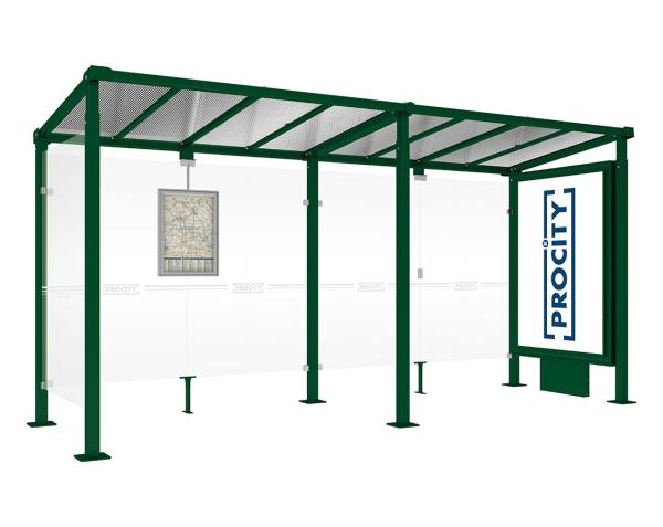 Wartehalle Milano Farbe:RAL 6005|Länge:Länge 5000 mm|Struktur:Leuchtcaisson VIP auf Mittelfuß und 1 Seitenverkleidung