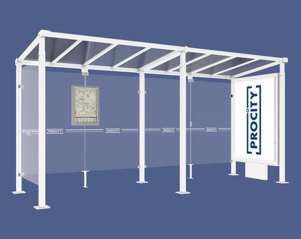 Wartehalle Milano Farbe:RAL 9010|Länge:Länge 5000 mm|Struktur:Leuchtcaisson VIP auf Mittelfuß und 1 Seitenverkleidung