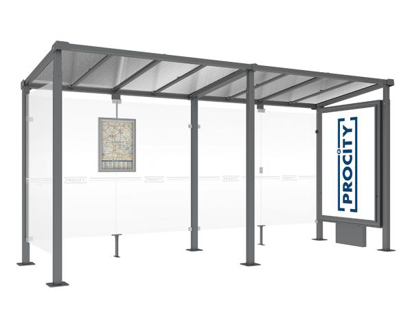 Wartehalle Milano Farbe:Procity grau|Länge:Länge 5000 mm|Struktur:Leuchtcaisson VIP auf Mittelfuß und 1 Seitenverkleidung