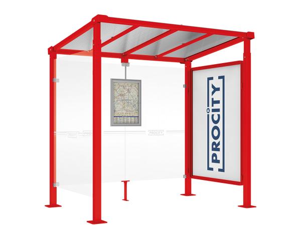Wartehalle Milano Farbe:RAL 3020|Länge:Länge 2500 mm|Struktur:Schaukasten 2000 und 1 Seitenverkleidung