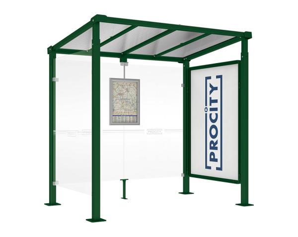 Wartehalle Milano Farbe:RAL 6005|Länge:Länge 2500 mm|Struktur:Schaukasten 2000 und 1 Seitenverkleidung