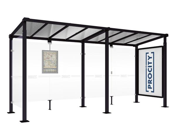 Wartehalle Milano Farbe:RAL 9005|Länge:Länge 5000 mm|Struktur:Schaukasten 2000 und 1 Seitenverkleidung