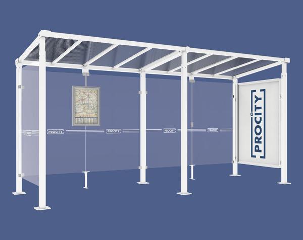 Wartehalle Milano Farbe:RAL 9010|Länge:Länge 5000 mm|Struktur:Schaukasten 2000 und 1 Seitenverkleidung