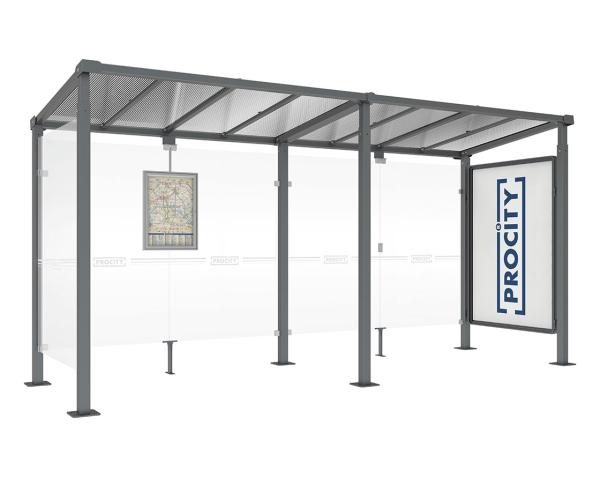 Wartehalle Milano Farbe:Procity grau|Länge:Länge 5000 mm|Struktur:Schaukasten 2000 und 1 Seitenverkleidung