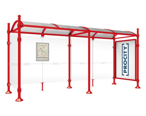 Wartehalle Province Kugel Farbe:RAL 3020|Länge:5000 mm|Struktur:Mit Schaukasten 2000 und eienr Seitenverkleidung