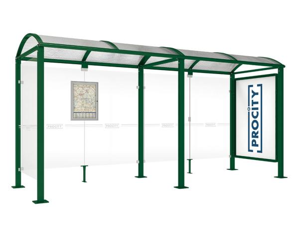 Wartehalle Malta Farbe:RAL 6005|Länge:5 000 mm|Struktur:Schaukasten 2000 rechts und Seiterverkleidung links