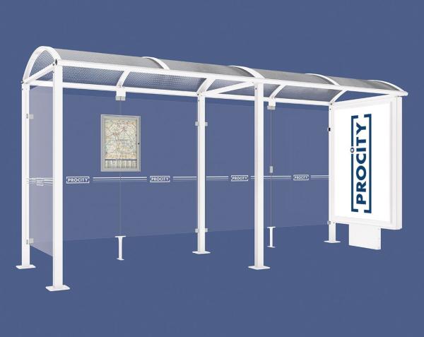 Wartehalle Malta Farbe:RAL 9010|Länge:5 000 mm|Struktur:Beleuchteter VIP-Caisson rechts und Seitenverkleidung links