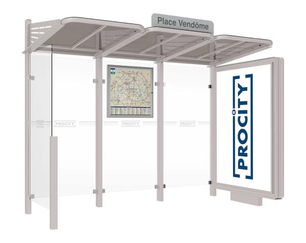 Wartehalle Convi Farbe:RAL 7044|Struktur:Beleuchteter VIP-Caisson rechts und Seitenverkleidung links