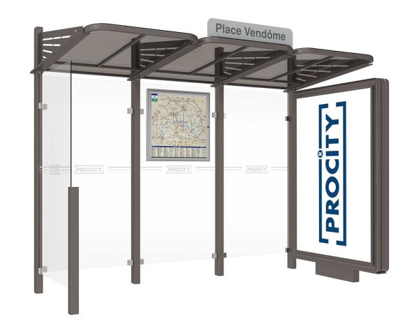 Wartehalle Convi Farbe:Procity grau|Struktur:Beleuchteter VIP-Caisson rechts und Seitenverkleidung links